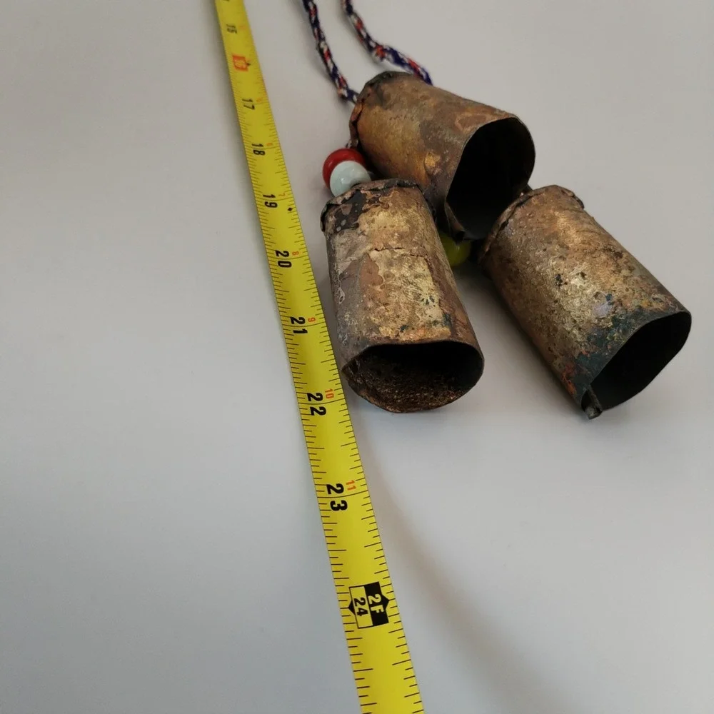 VTG Indian Tin Cow Bells Boho Hanging Cluster 3 Brass Finish Glass Beads Rope
